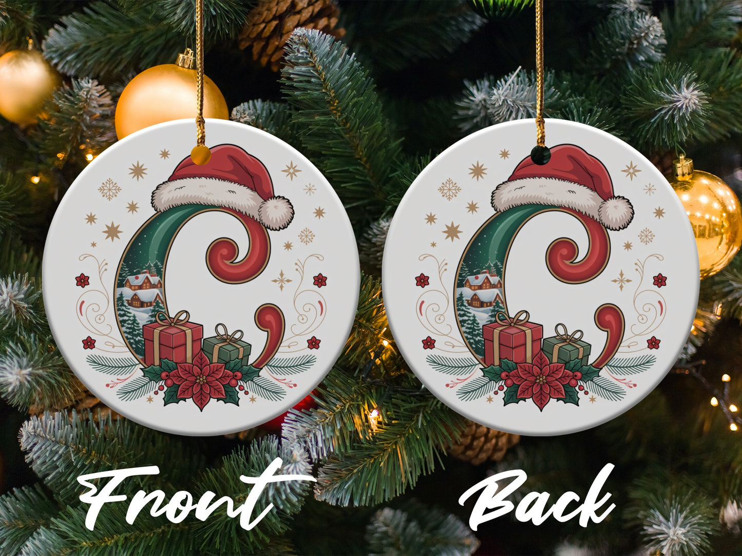 Colorful C Initial Santa Hat with Gifts Ornament product type