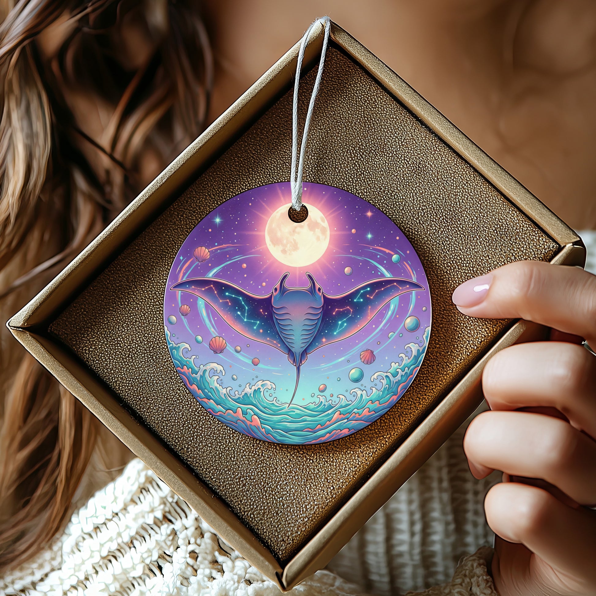 Vibrant Manta Ray and Full Moon Hanging Ornament product