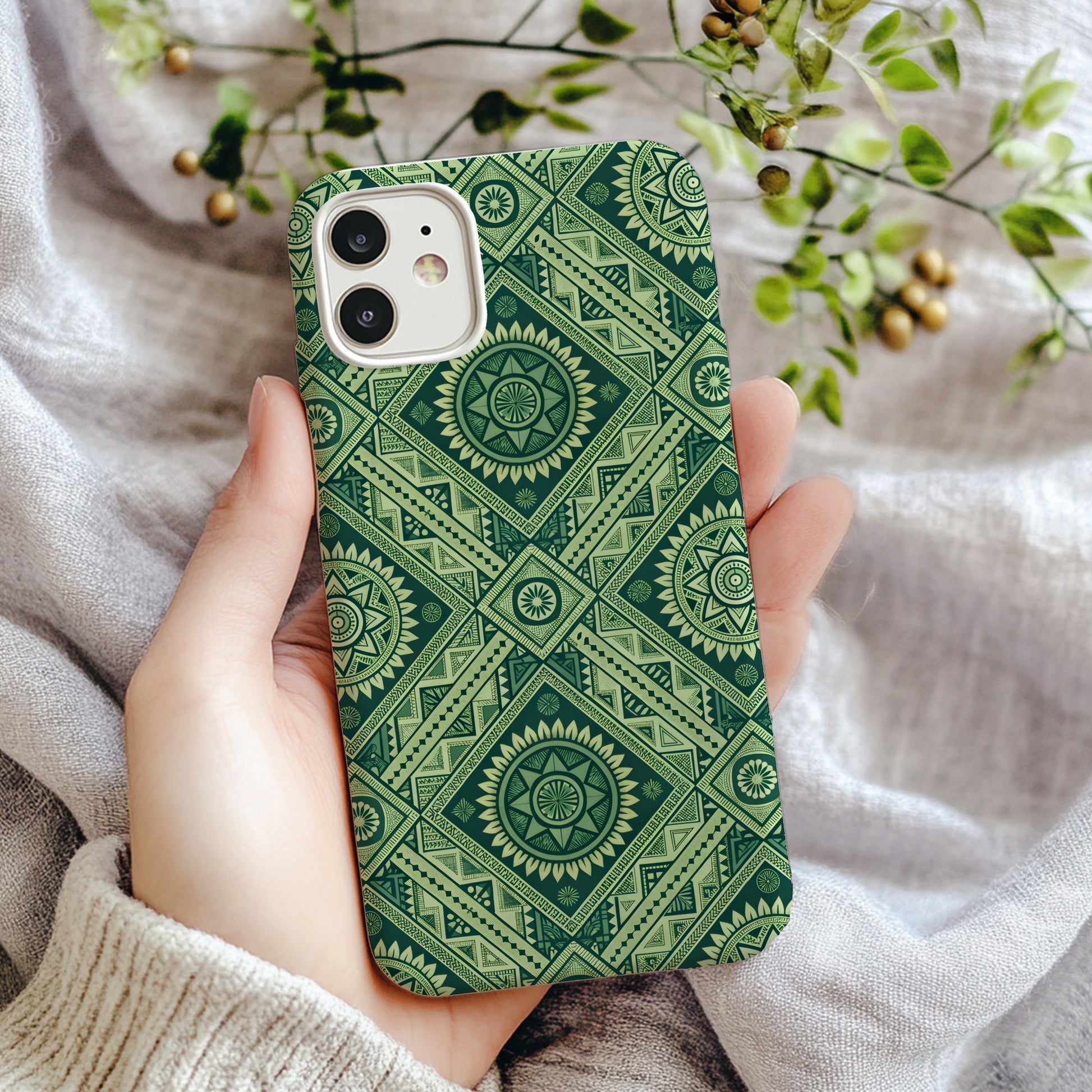Green Geometric Ethnic Pattern Design for Custom Phone Case - Walk Greener