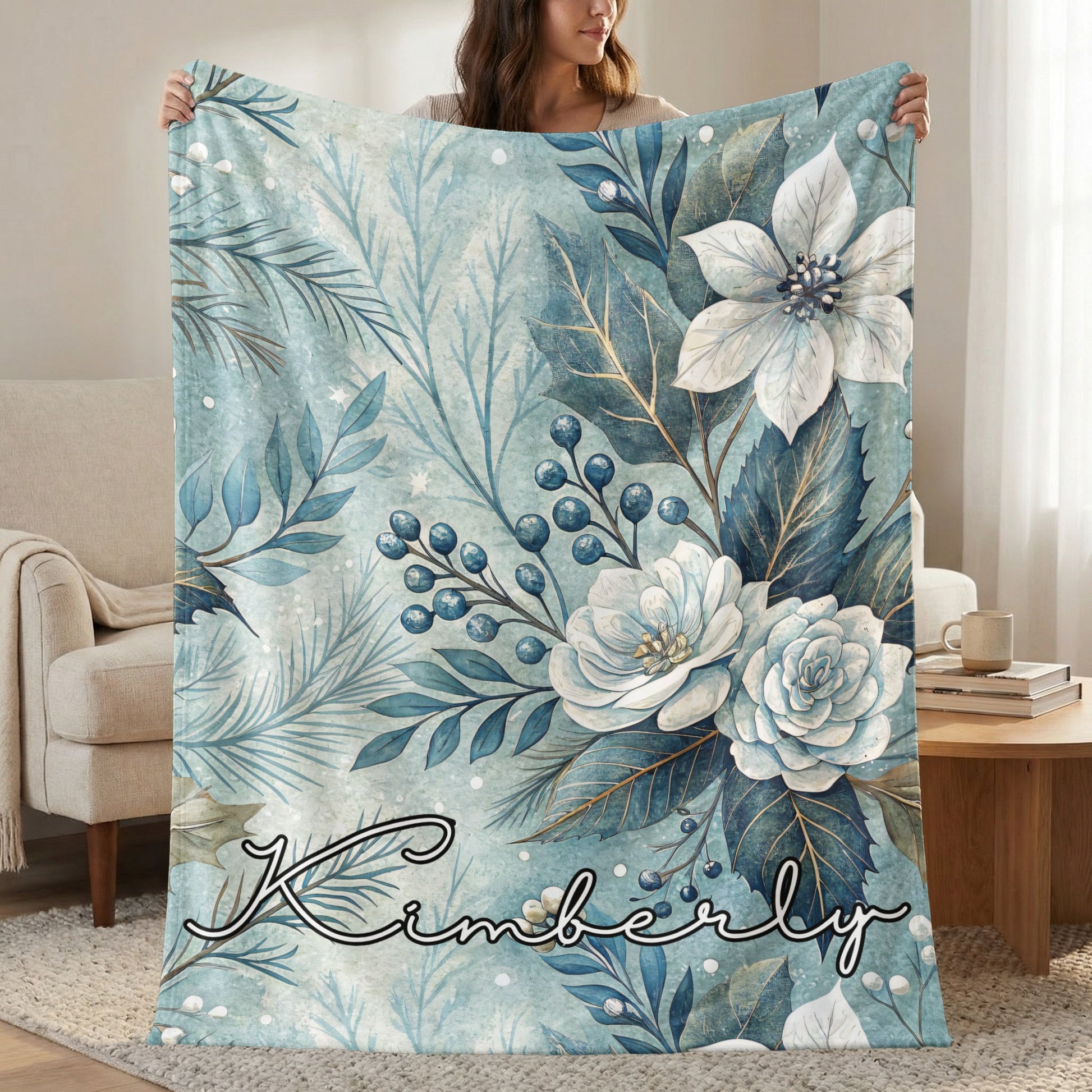 Elegant Custom Floral Blanket with Name Kimberly Design