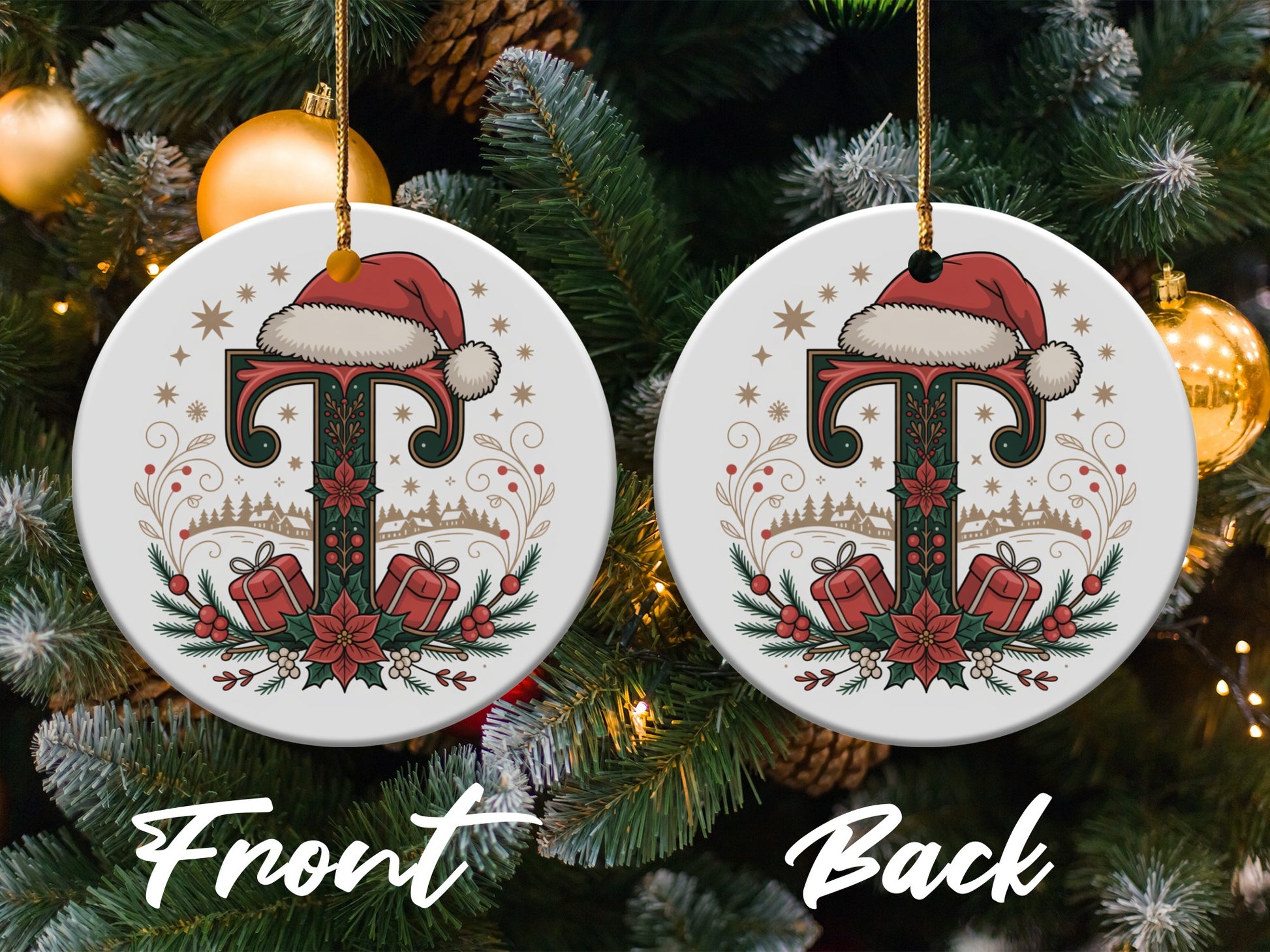 Santa Hat Monogram with Presents Christmas Ornament product