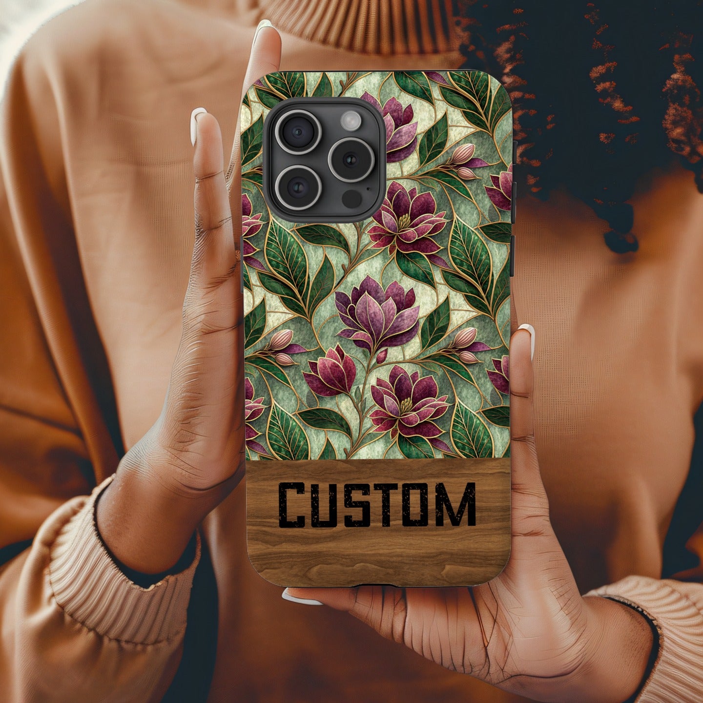 Custom Floral Pattern Phone Case with Green Leaves