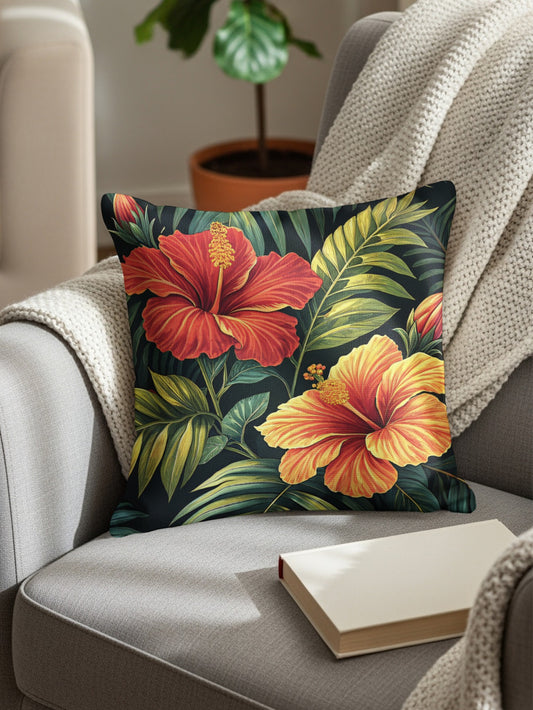 Tropical Hibiscus Flower and Palm Leaves Design Decorative Floral Throw Pillows - Walk Greener
