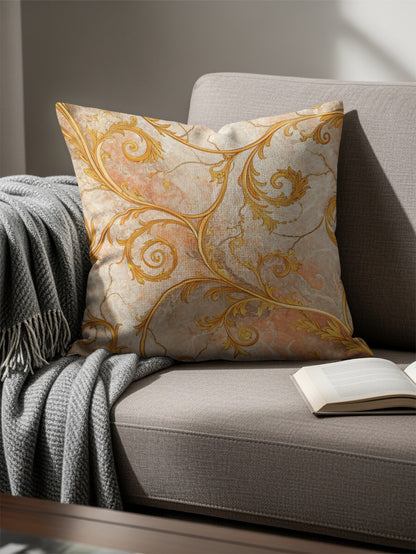 Golden Floral Swirls Over Faux Marble Decorative Floral Throw Pillows - Walk Greener