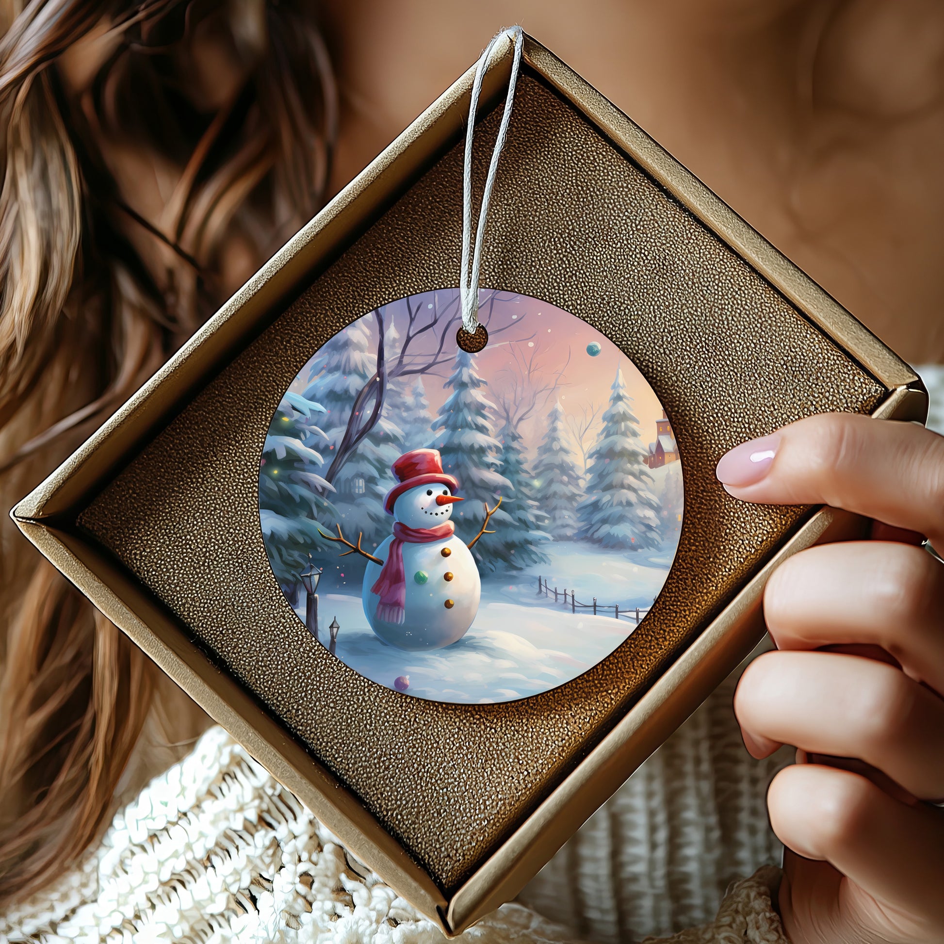 Festive Snowman Scene Round Hanging Ornament product type