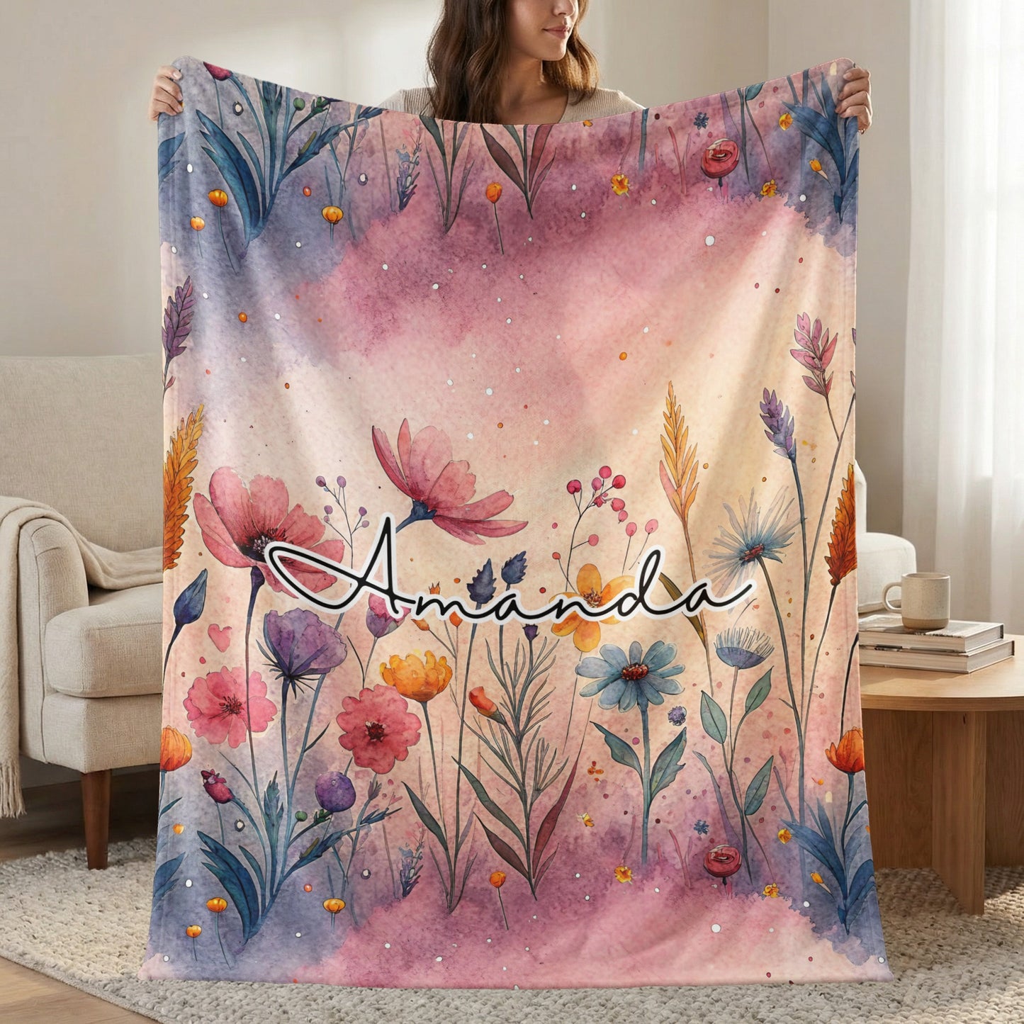 Watercolor Floral Custom Blanket with Name