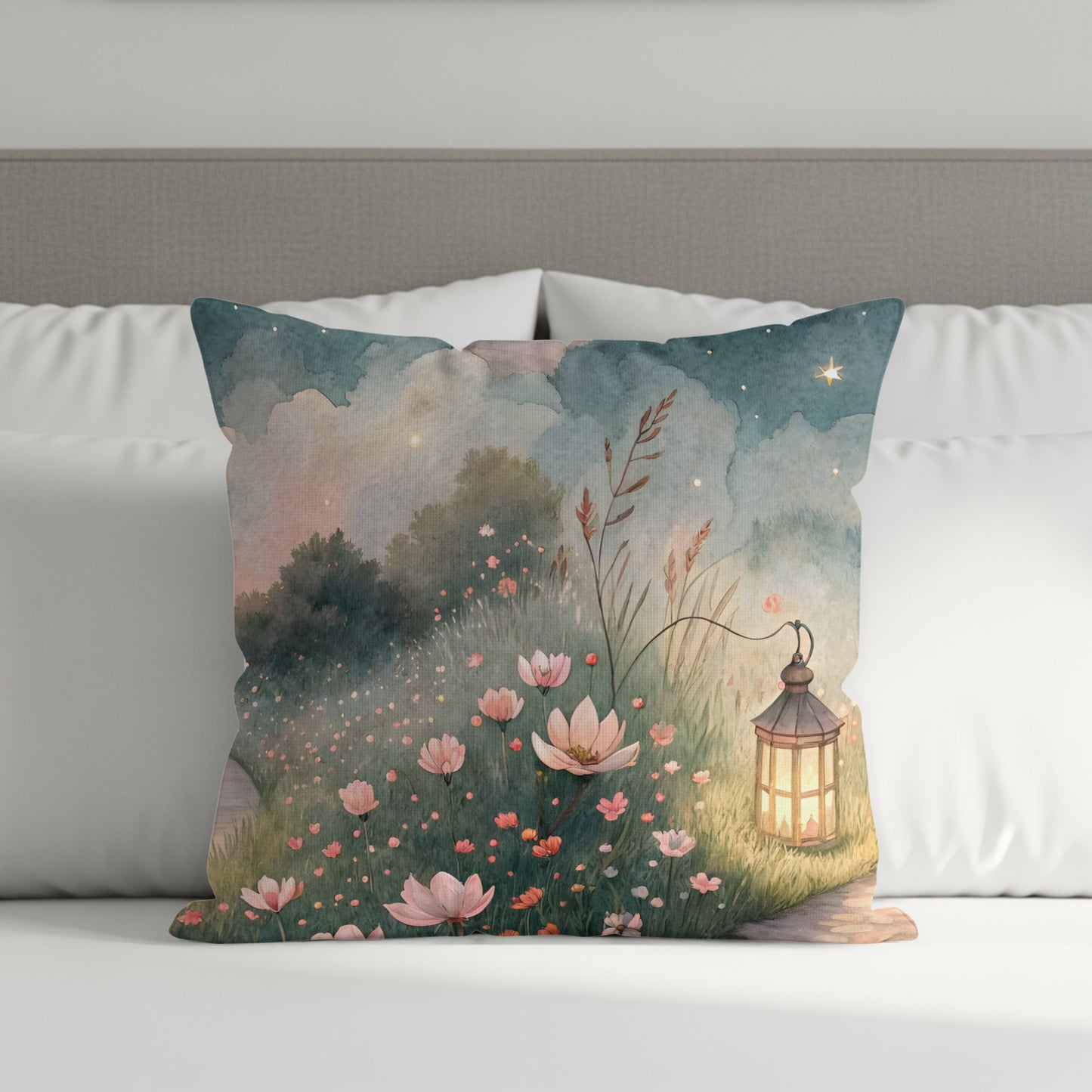 Watercolor Pathway Lantern And Flowers Artistic Design Pillows & Pillow Cases - Walk Greener