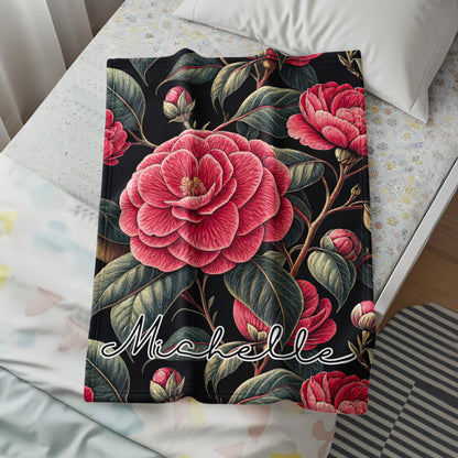 Personalized Floral Blanket with Red and Green Botanical Design