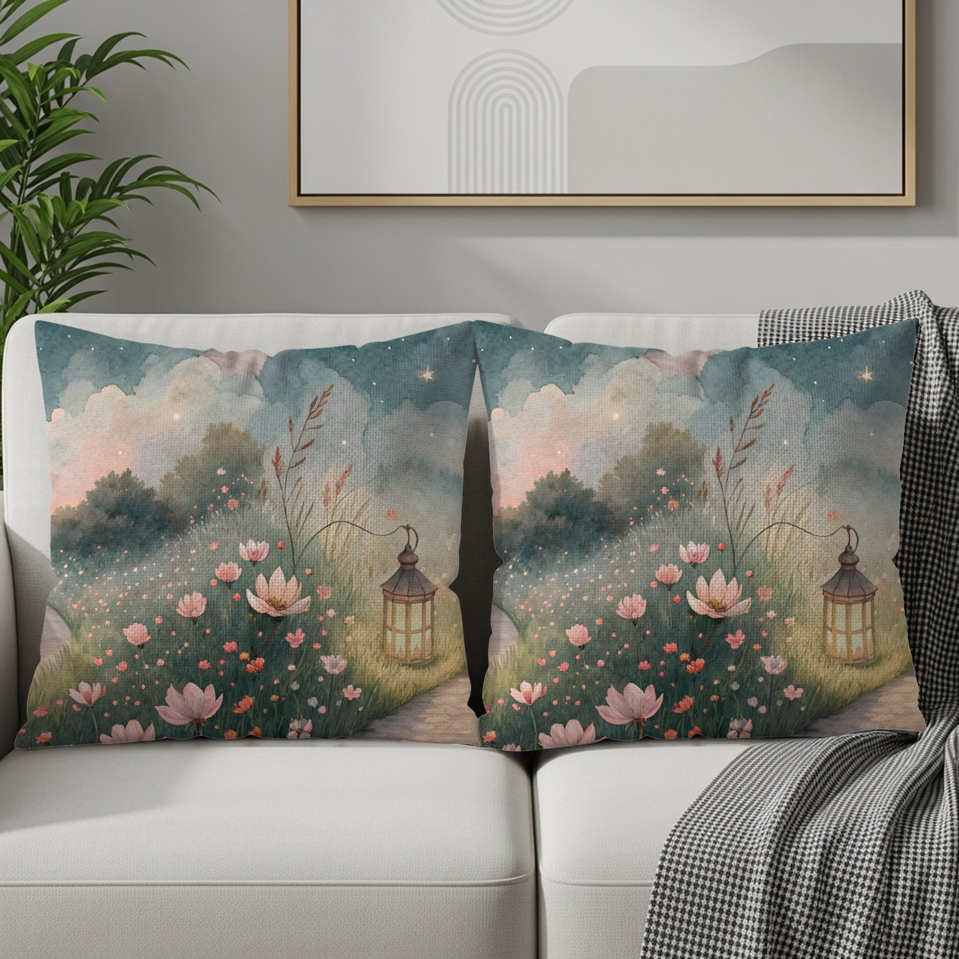 Watercolor Pathway Lantern And Flowers Artistic Design Pillows & Pillow Cases - Walk Greener