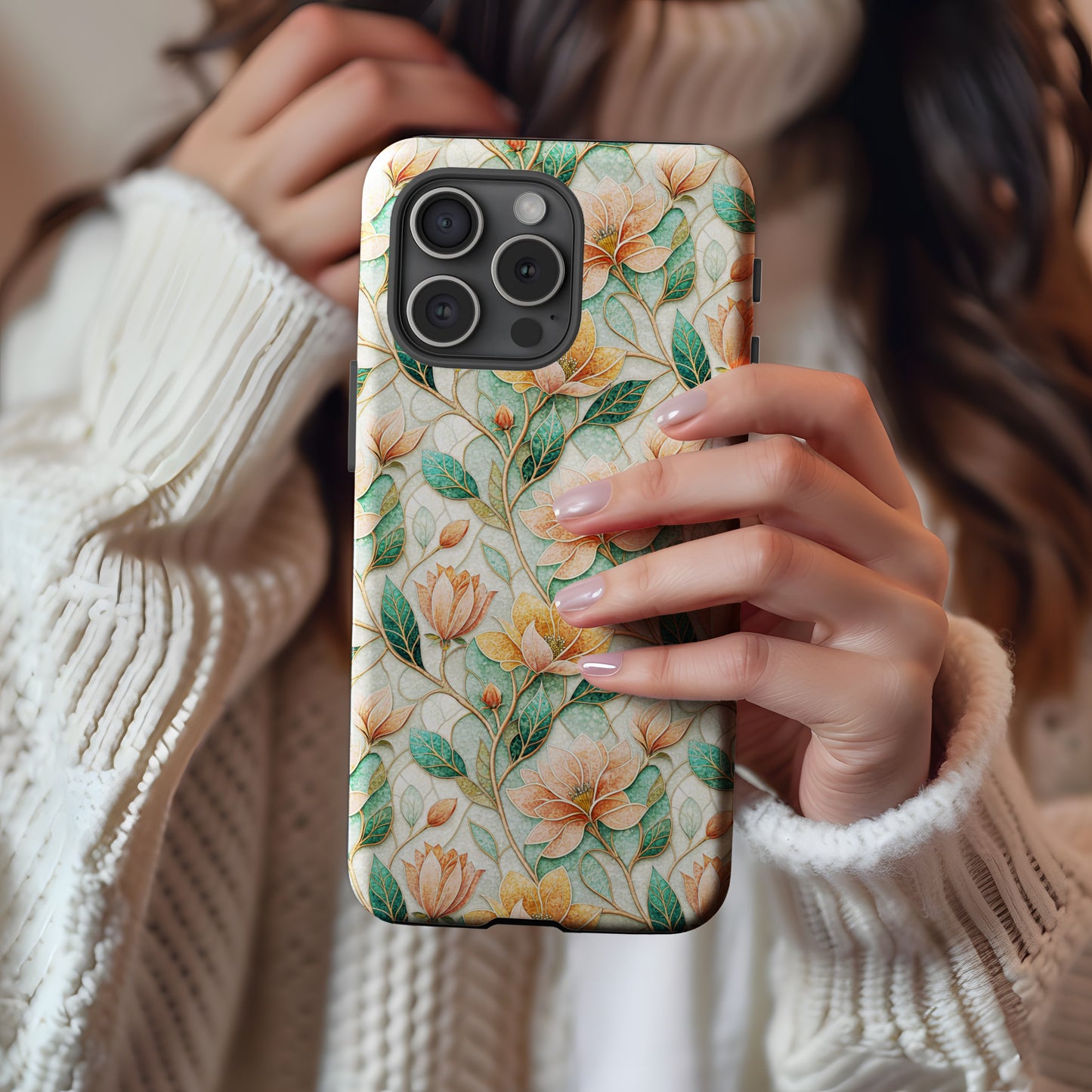 Floral Design Phone Case with Artistic Green Leaves