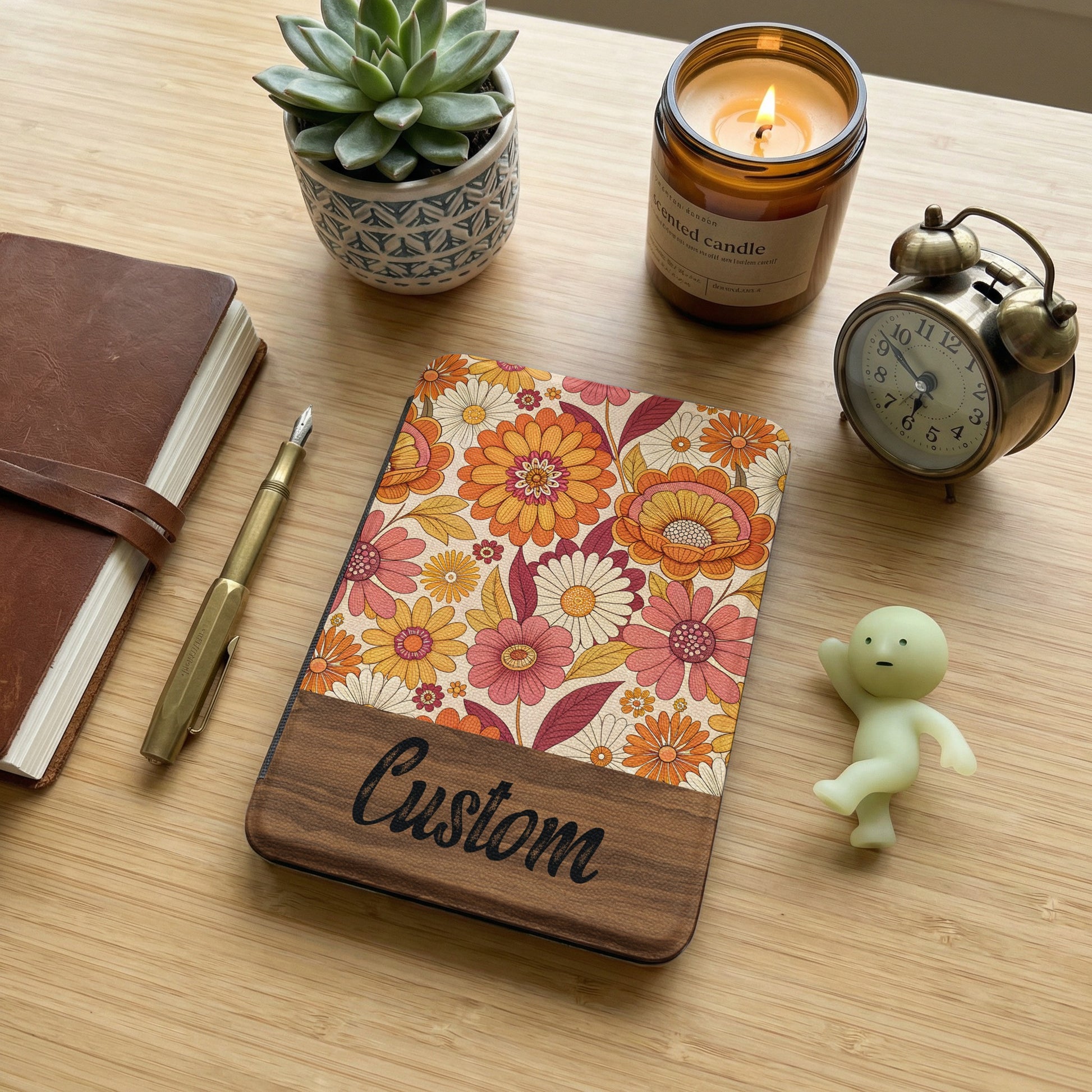 Custom Floral Design Notebook with Wooden Accents