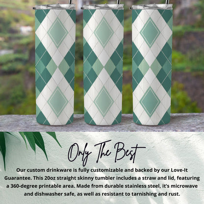 Argyle Pattern with Green and White Squares Design Tumbler - Walk Greener