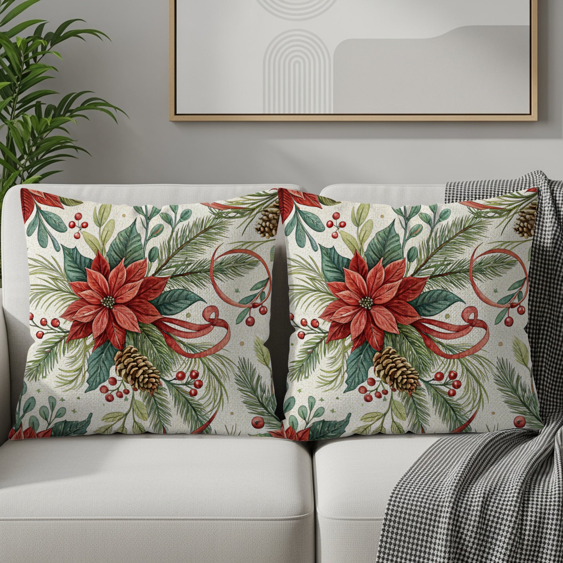 Festive Poinsettia and Pine Holiday Throw Pillow Covers