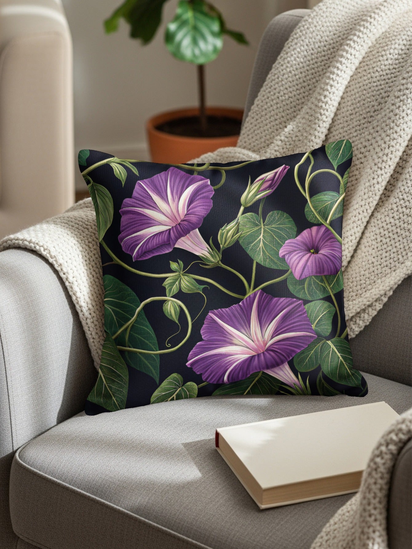 Detailed Purple Morning Glory Vine with Green Leaves Decorative Floral Throw Pillows - Walk Greener