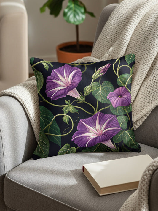 Detailed Purple Morning Glory Vine with Green Leaves Decorative Floral Throw Pillows - Walk Greener