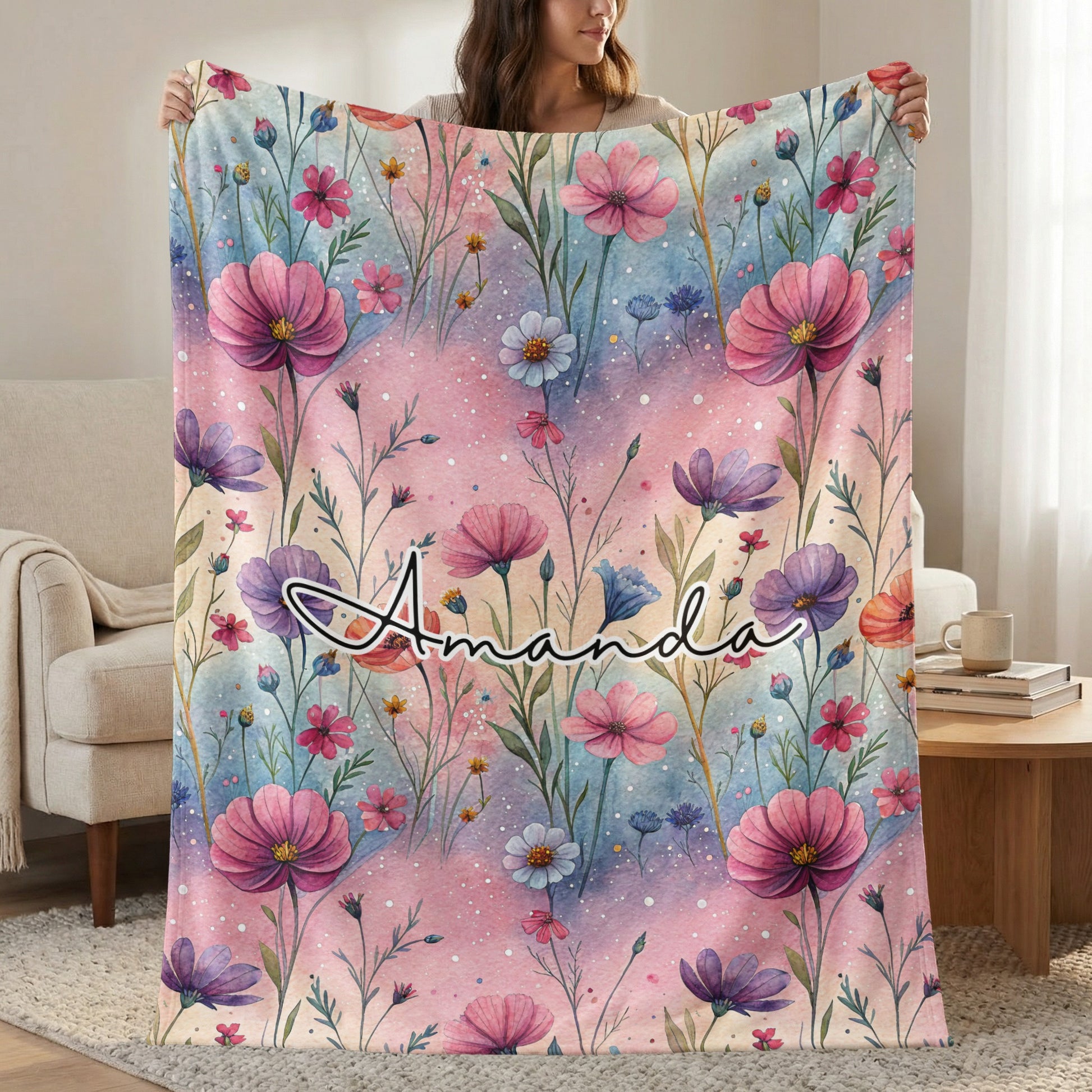 Custom Amanda Floral Pattern Cozy Blanket