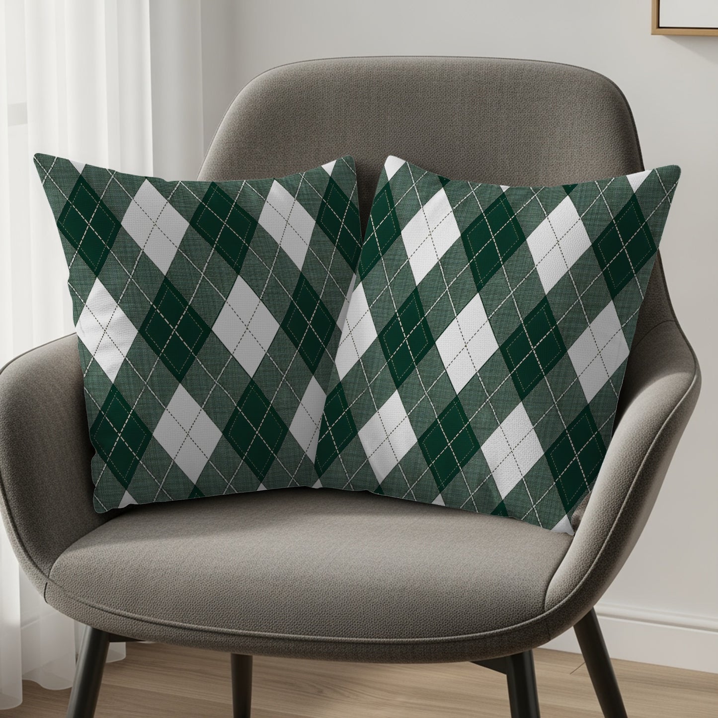 Green and White Argyle Pattern Throw Pillow Set