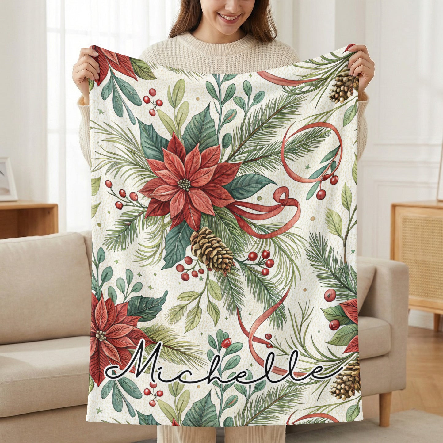 Personalized Christmas Blanket with Floral Design