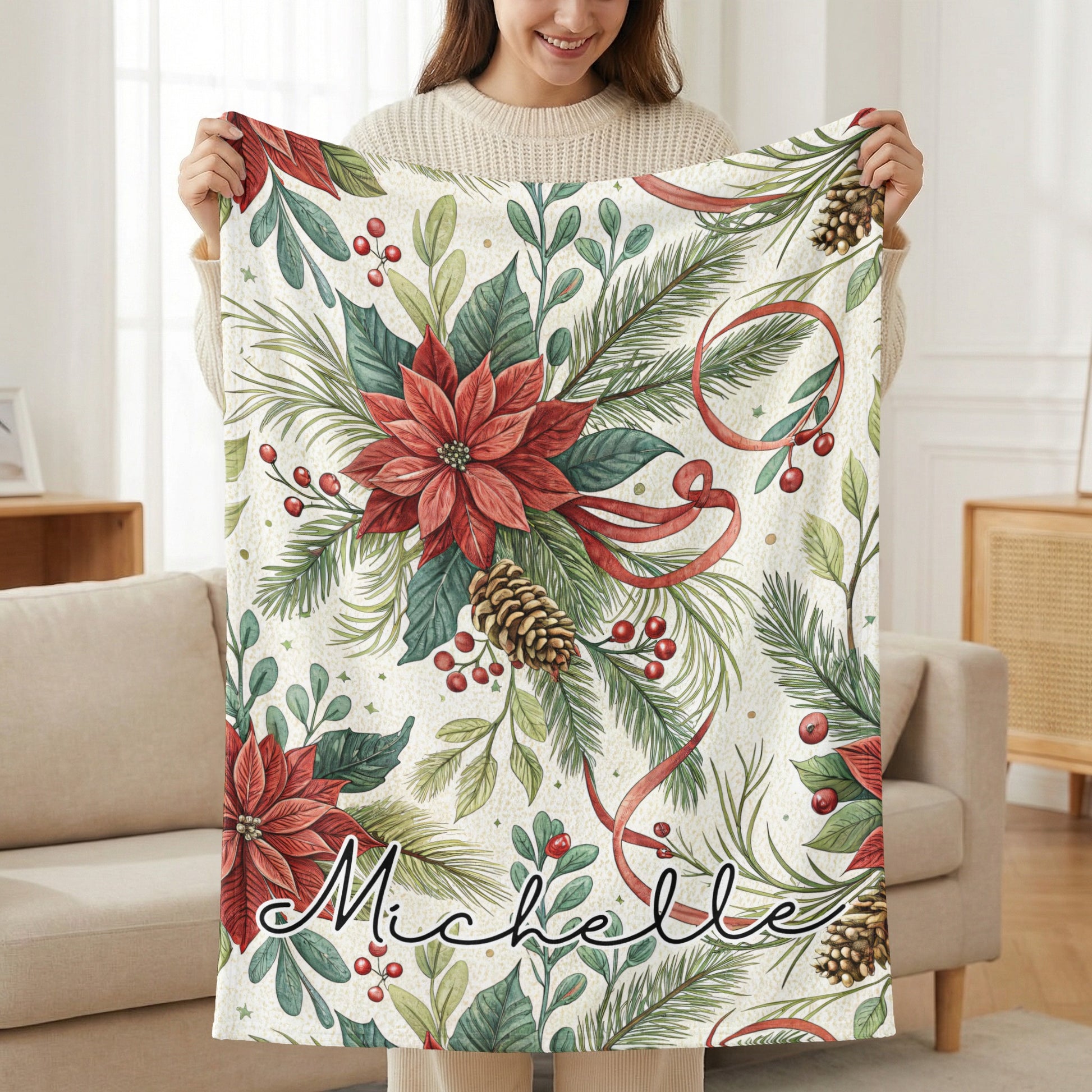 Personalized Christmas Blanket with Floral Design