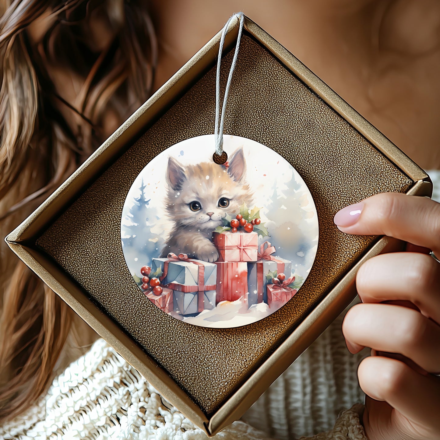Adorable Kitten with Gifts Round Ornament product