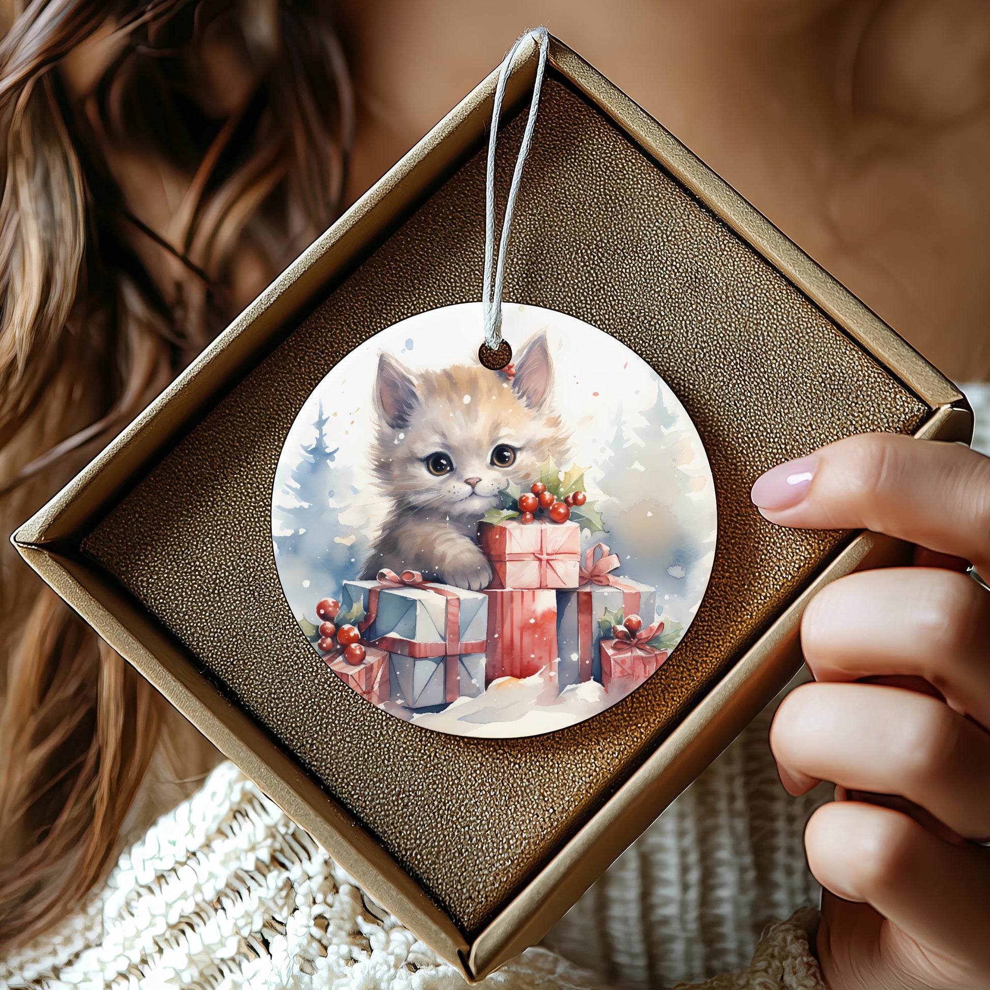 Adorable Kitten with Gifts Round Ornament product
