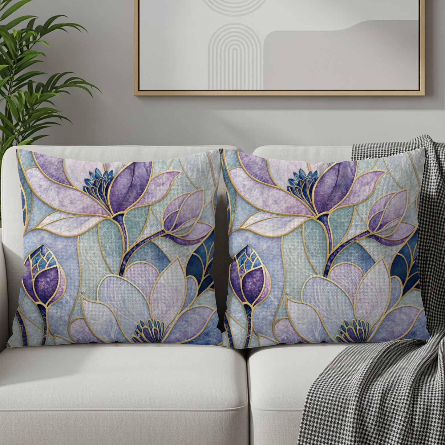 Blue Purple Floral Stained Glass Style Pattern Throw Pillows - Walk Greener