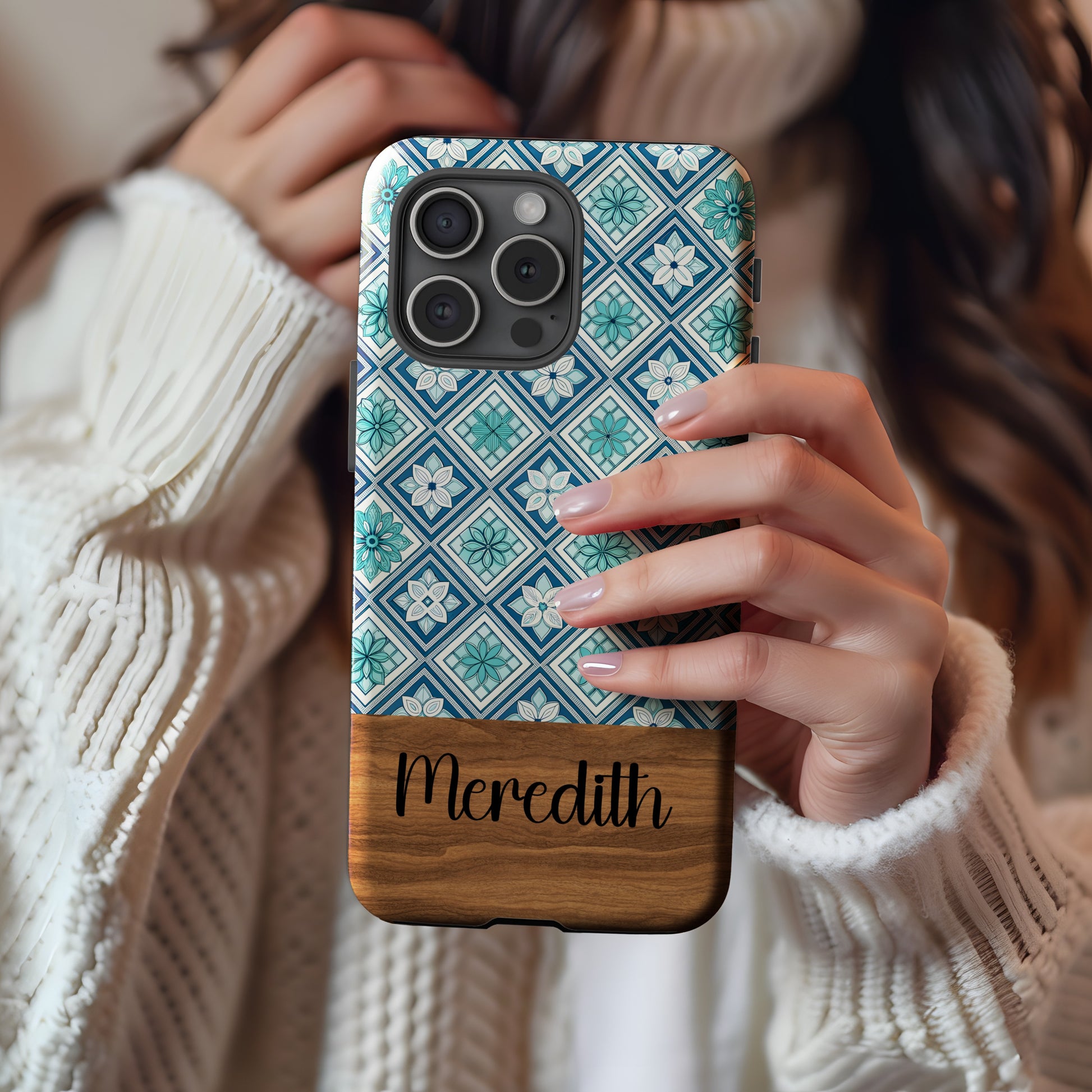 Personalized Floral and Wood Design Phone Case with Name