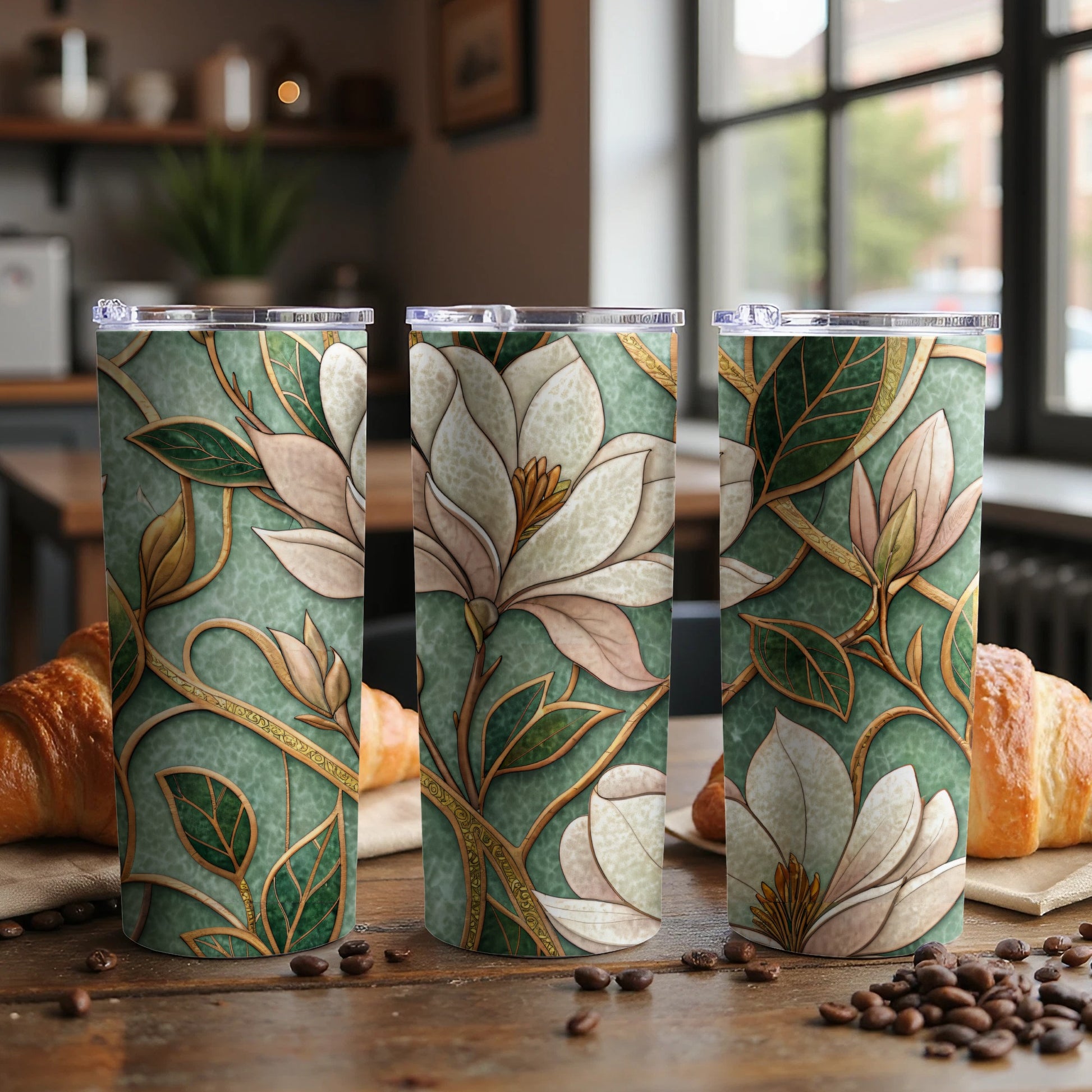 Floral Bloom Magnolia on Mint Green Background 20 oz Skinny Tumbler - Walk Greener