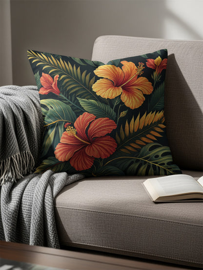 Tropical Hibiscus Floral Leaves Print Decorative Floral Throw Pillows - Walk Greener
