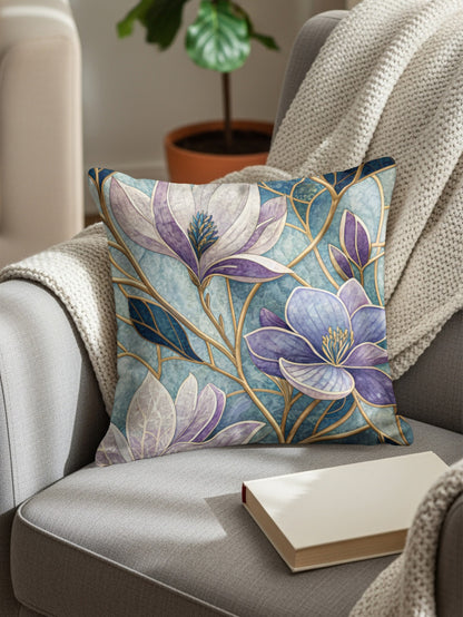 Elegant Floral Mosaic Blue and Purple Flowers Throw Pillows - Walk Greener