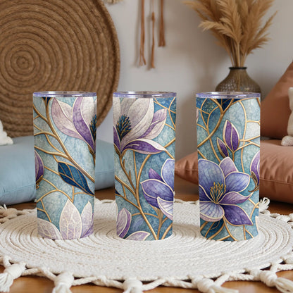 Floral Elegance Blue and Purple Magnolias 20 oz Skinny Tumbler - Walk Greener
