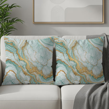 Elegant Teal and Gold Marble Pattern Throw Pillow Set