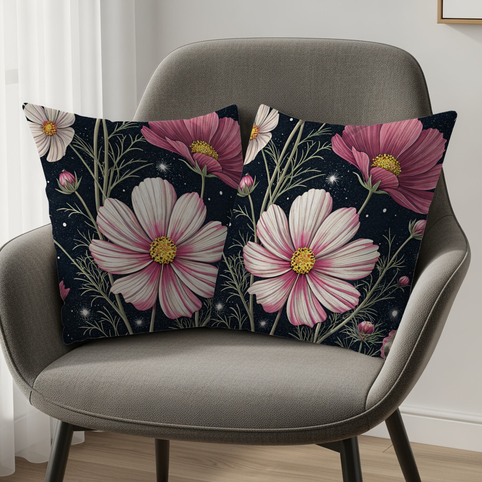 Pink Flowers In The Starlight Decorative Floral Throw Pillows - Walk Greener
