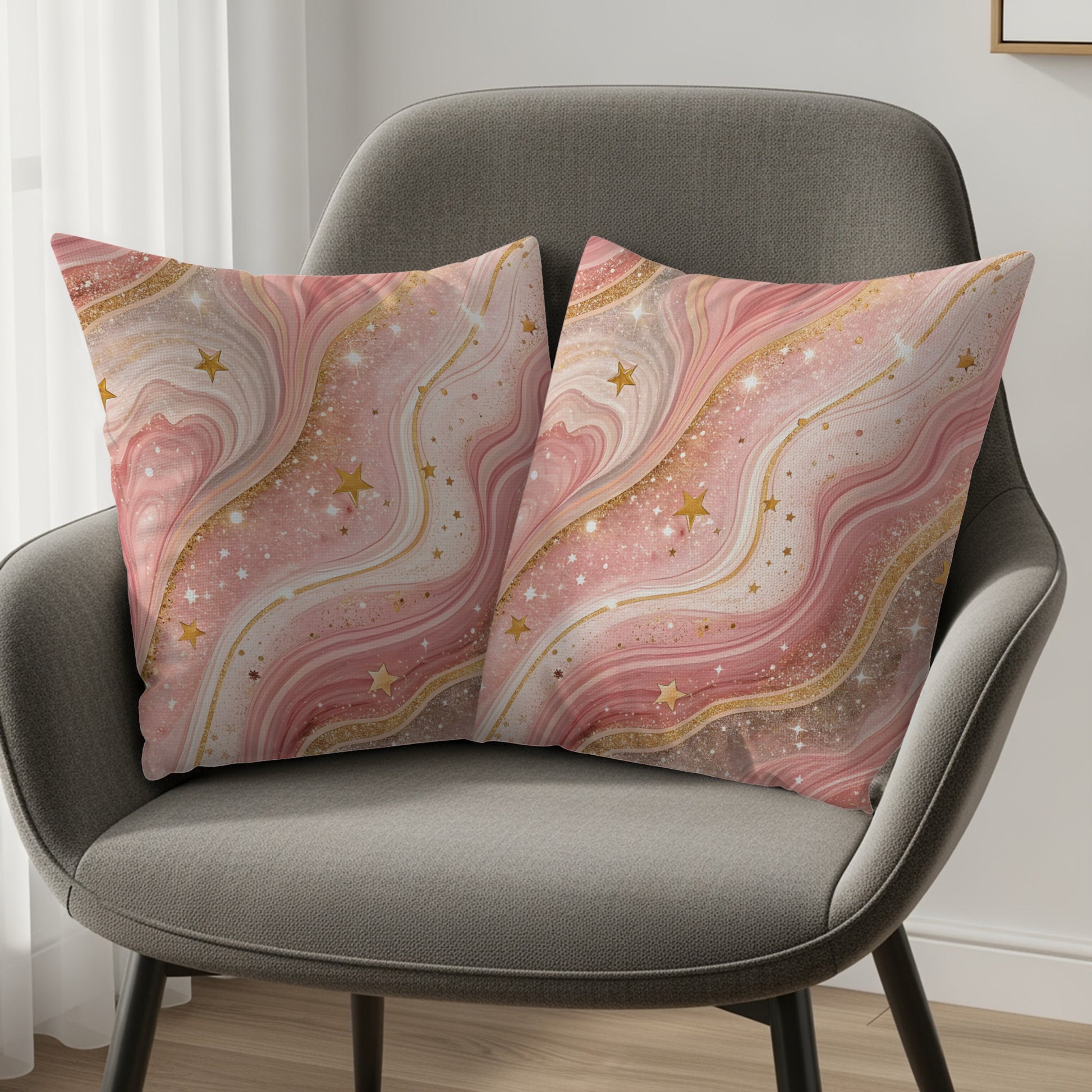 Pink Gold Star Flowing Abstract Design Pattern Throw Pillows - Walk Greener