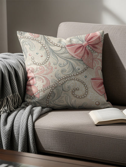 Elegant Decorative Pillow with Pink Bows and Pearls Design