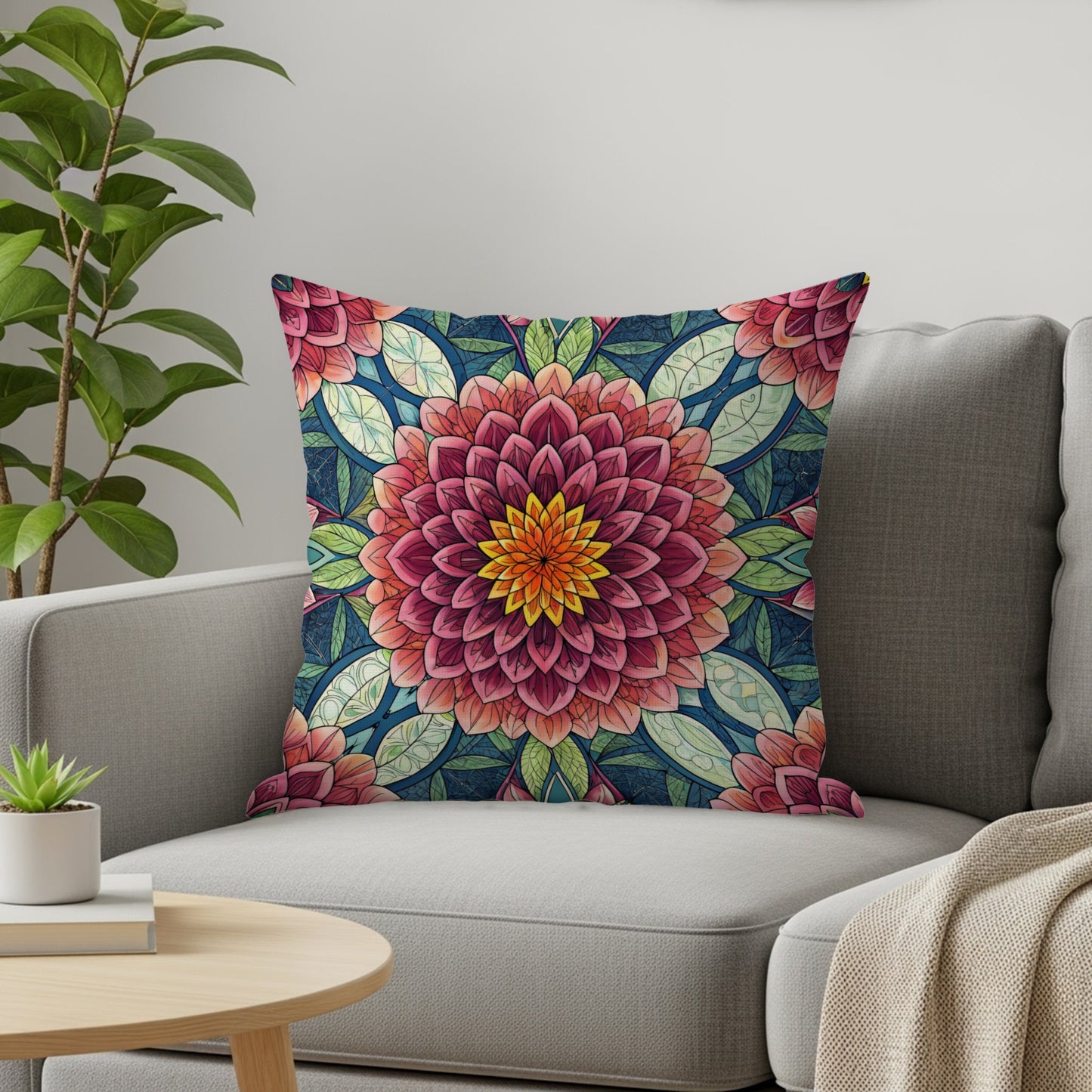 Stained Glass Floral Medallion Repeating Pattern Throw Pillows - Walk Greener