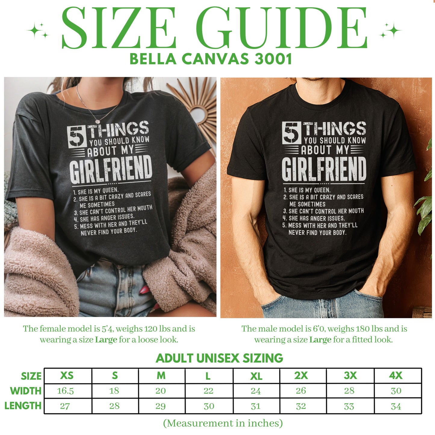 Size guide for Bella Canvas 3001 shirts with garment measurements.
