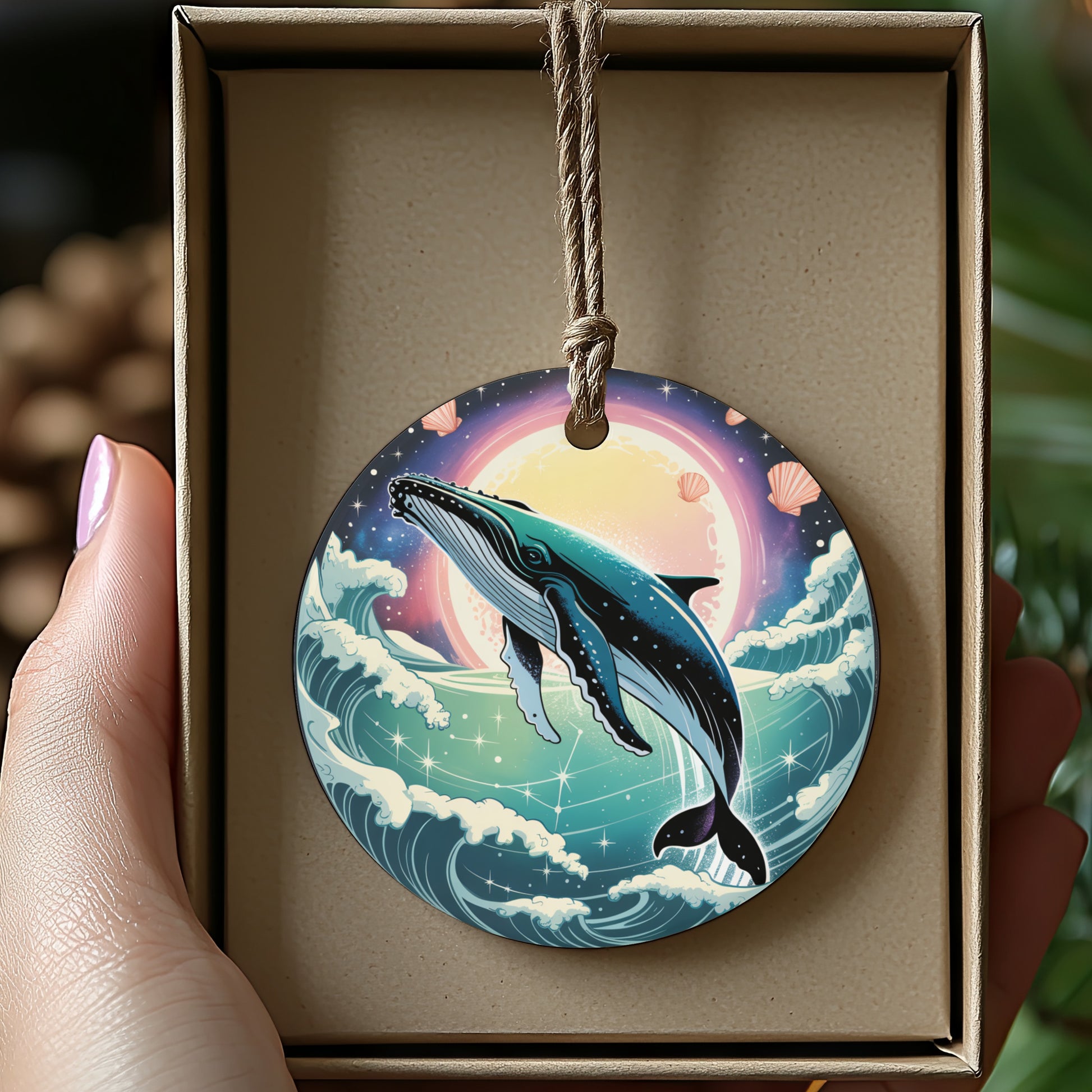 Dreamy Whale Sunset Ocean Scene Round Ornament product