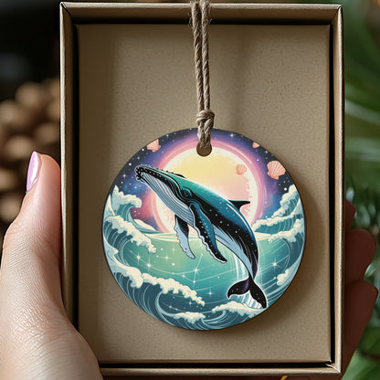 Dreamy Whale Sunset Ocean Scene Round Ornament product
