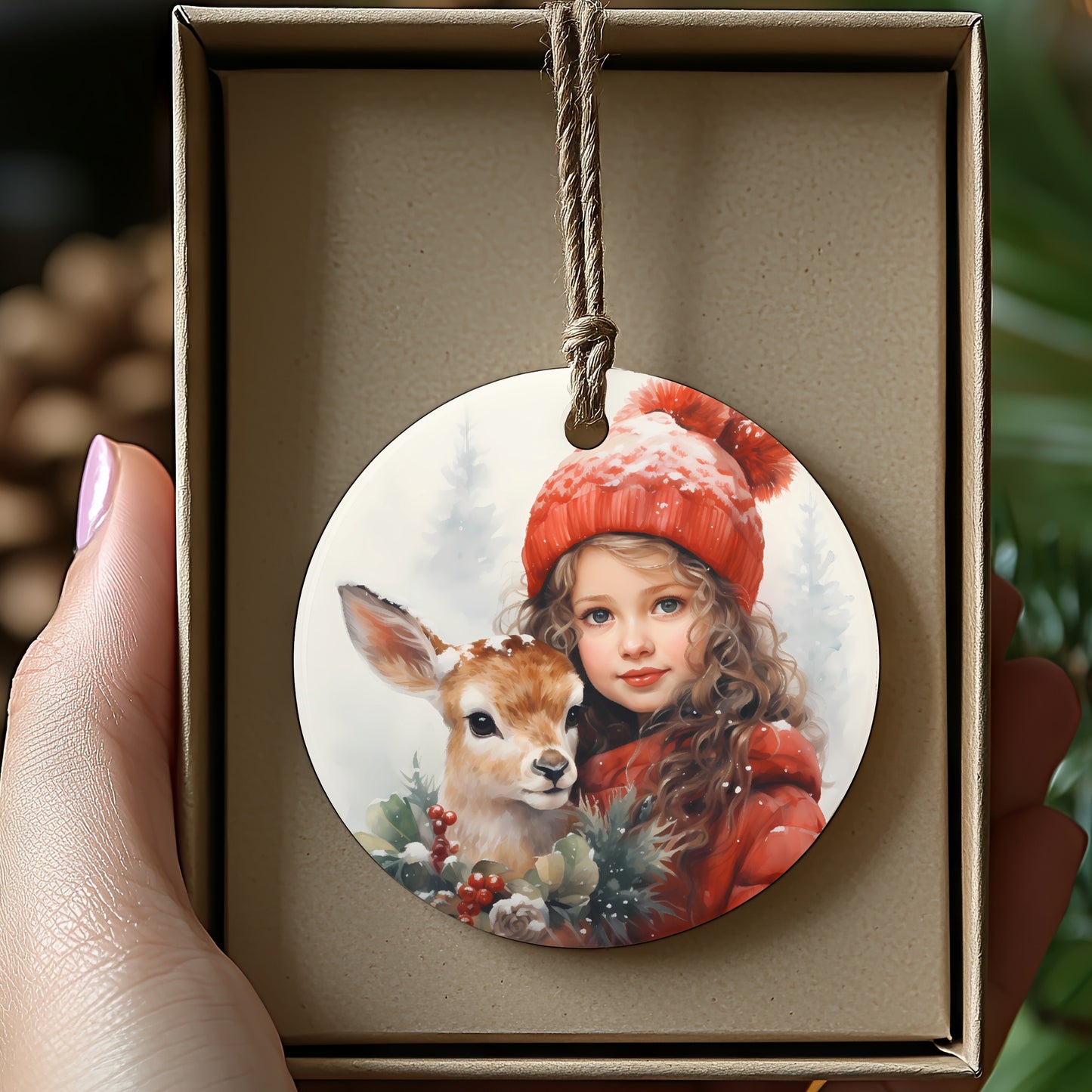 Hand-painted Girl with Deer Christmas Ornament product