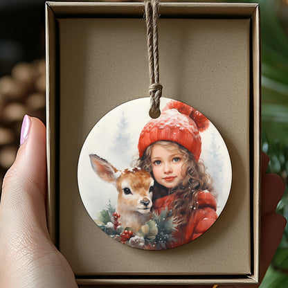 Hand-painted Girl with Deer Christmas Ornament product