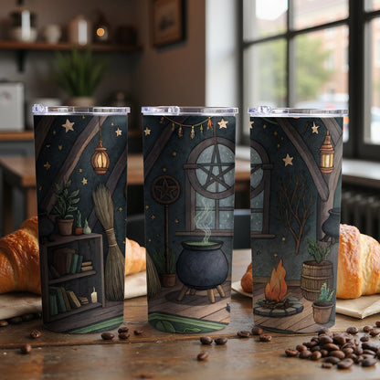Enchanted Witch's Cabin Scene Tumbler with Lid