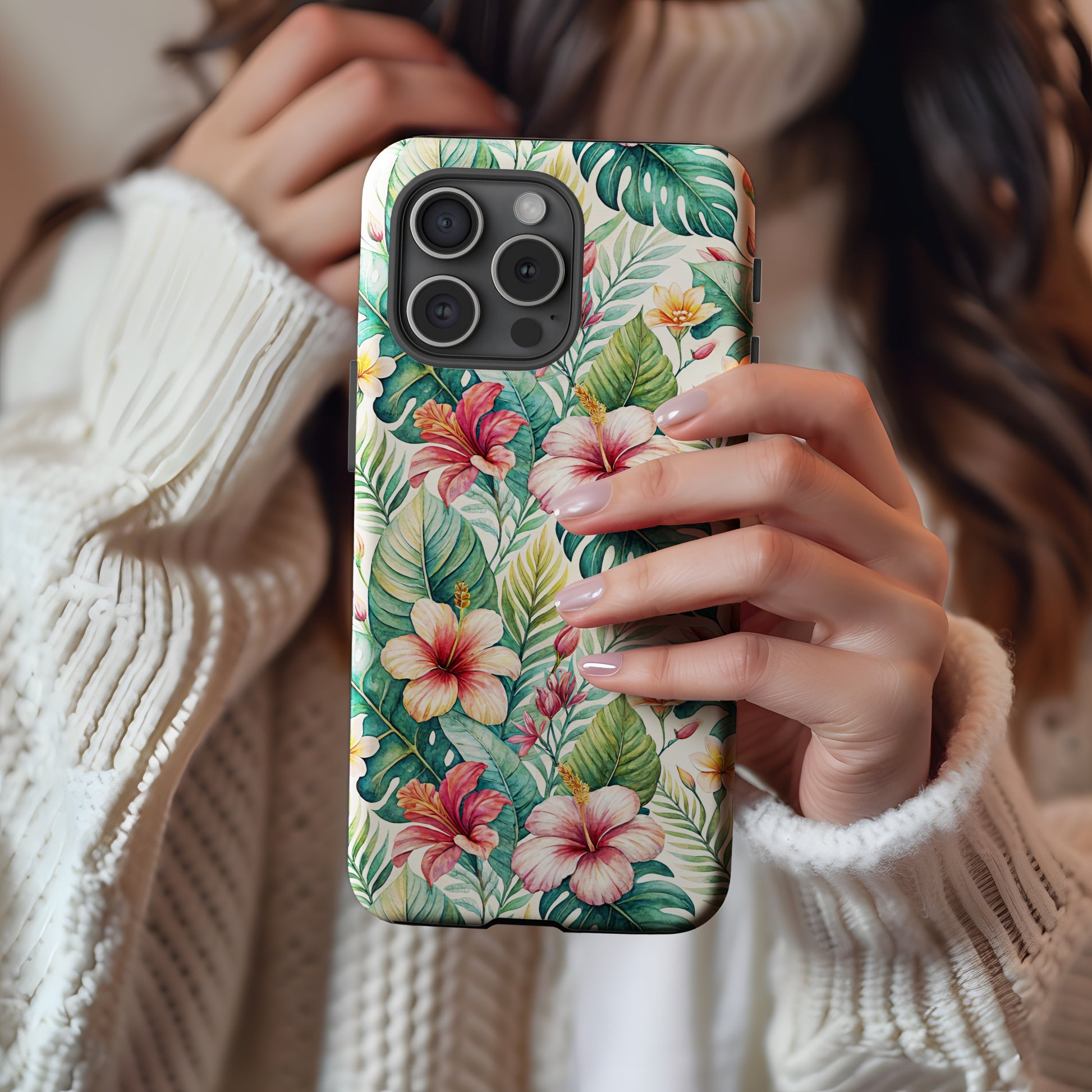 Tropical Floral Patterned Phone Case with Hibiscus Flowers