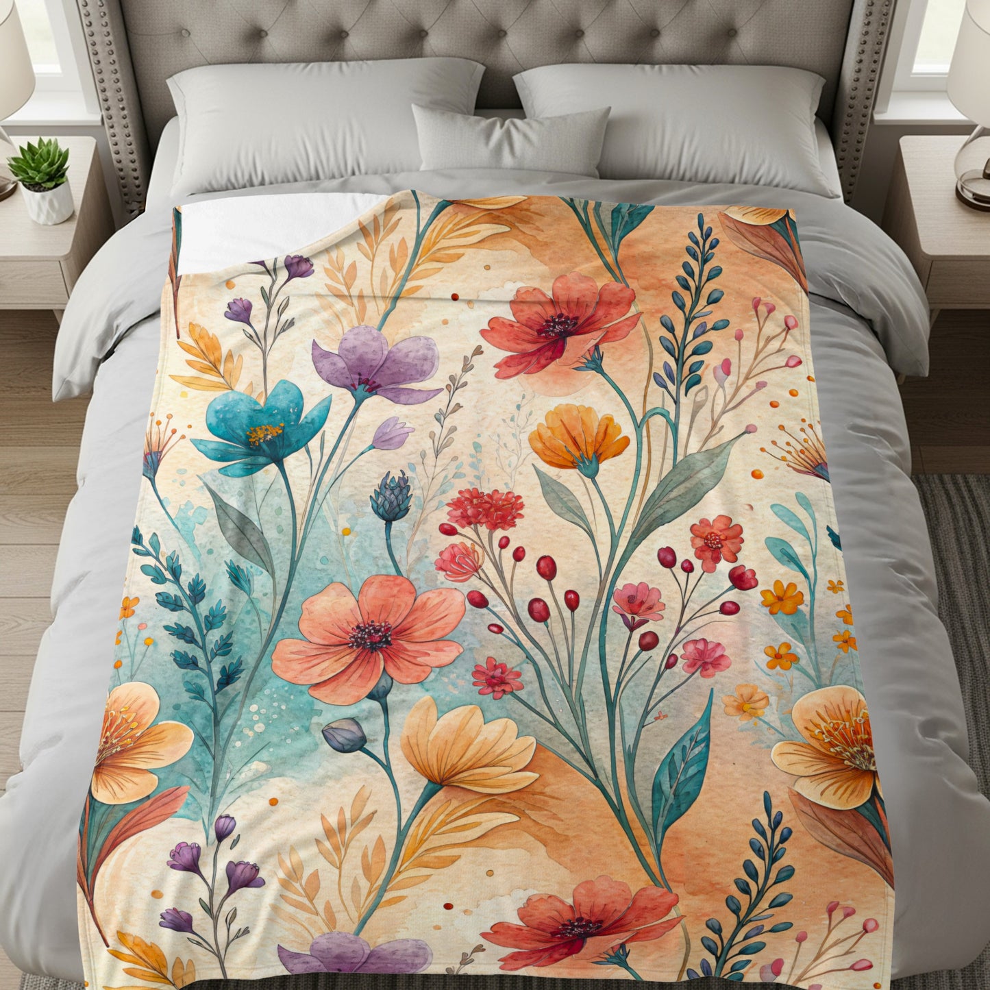 Watercolor Flower Garden Floral Art Velveteen Plush Blankets - Walk Greener