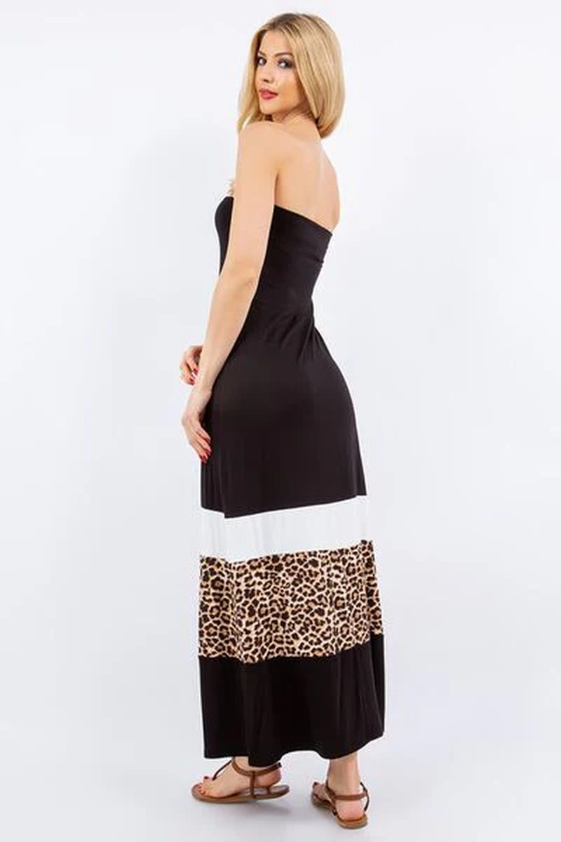 Celeste Leopard Color Block Tube Maxi Dress – A Bold & Trendy Statement