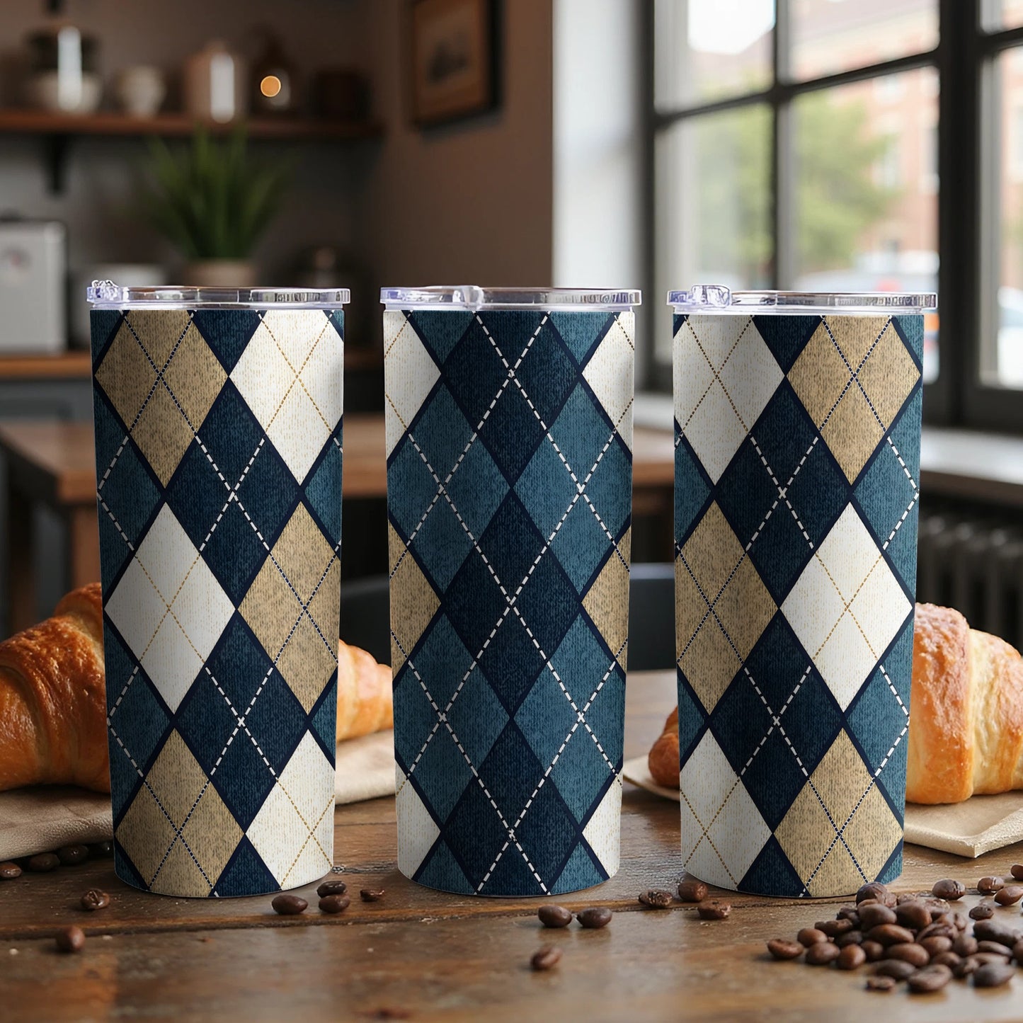 Stylish Blue and Beige Argyle Tumbler for Beverages
