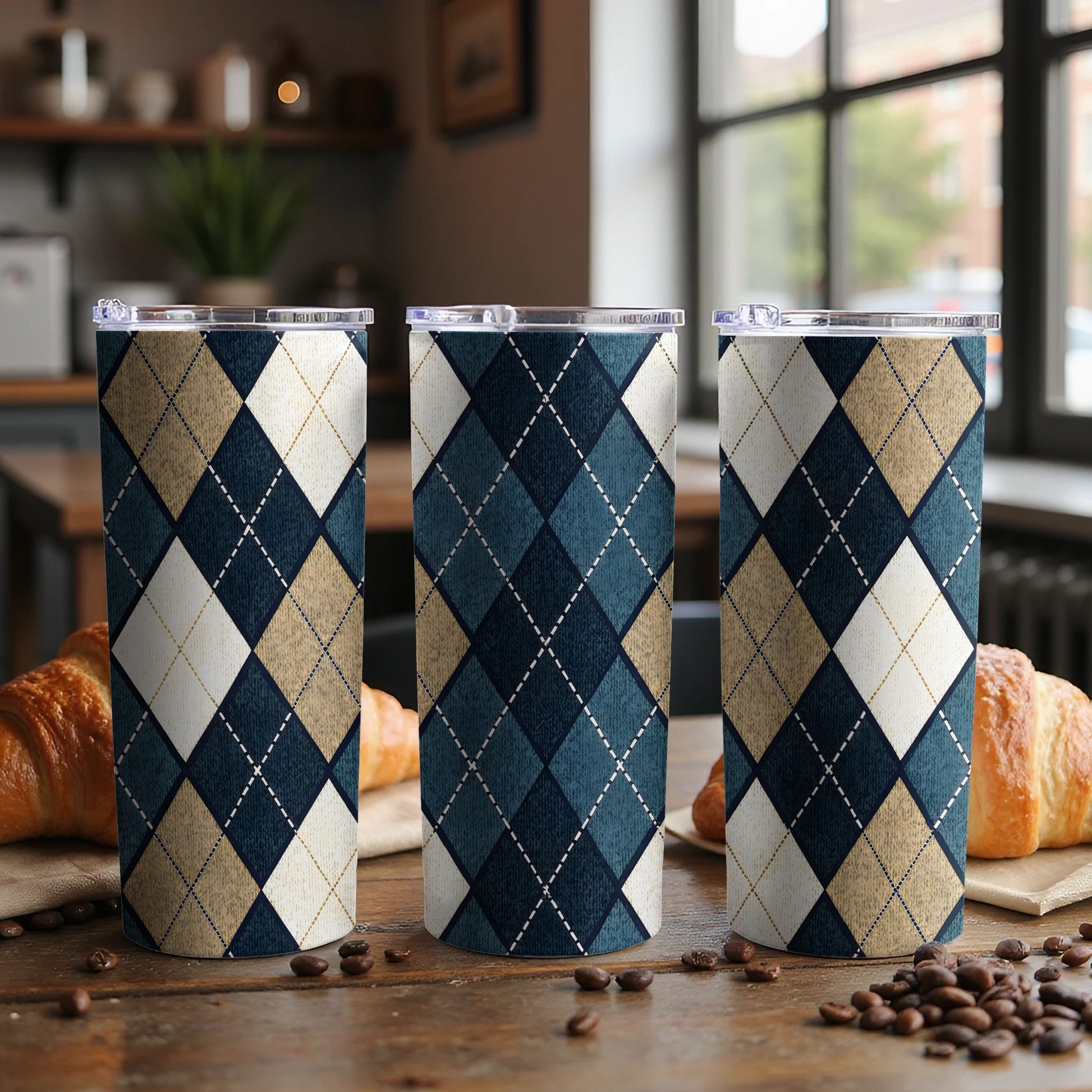 Stylish Blue and Beige Argyle Tumbler for Beverages