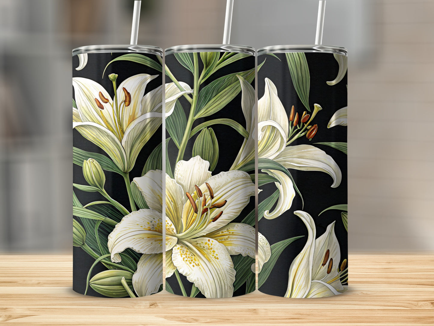 Elegant Black and White Lily Floral Tumbler Design