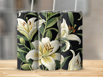 Elegant Black and White Lily Floral Tumbler Design