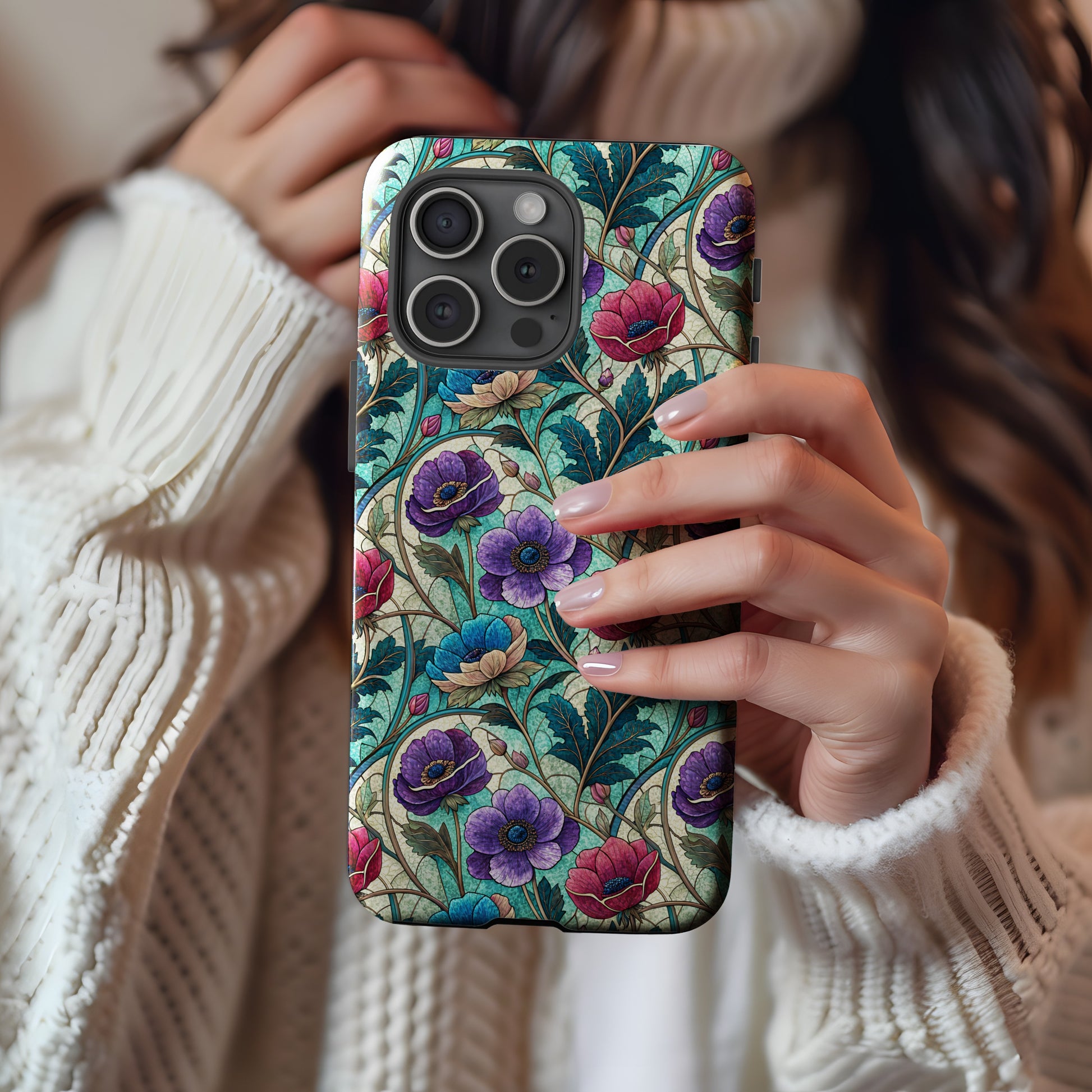 Vintage Floral Pattern Phone Case with Purple and Red Flowers